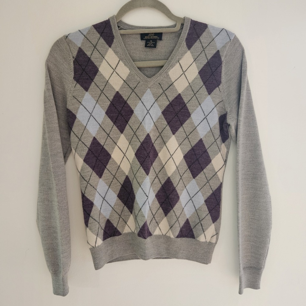 346 Brooks Brothers Merino Wool Sweater Argyle Diamond Cream XS Purple